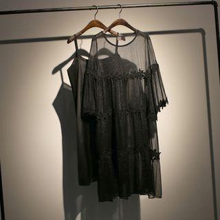 Set: Lace Trim 3/4 Sleeve A-line Dress + Spaghetti Strap Dress