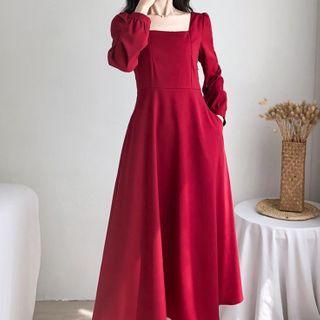 Square Collar Plain Midi Dress