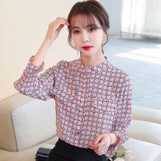 Long-sleeve Buttoned Geometric Print Chiffon Blouse