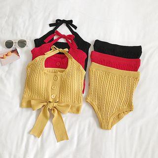 Set Of 2: Bow-accent Halter Knit Top + High-waist Knit Panties