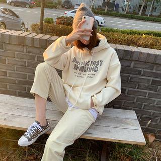 Fleece-lined Letter Hoodie Cream - One Size