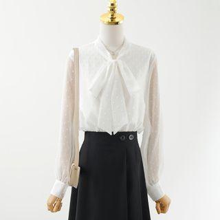 High Waist Midi A-line Skirt / Dotted Bow Accent Blouse