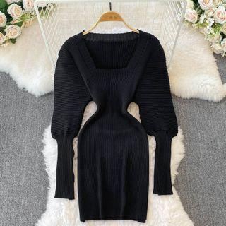 Puff-sleeve Square-neck Knit Sheath Dress