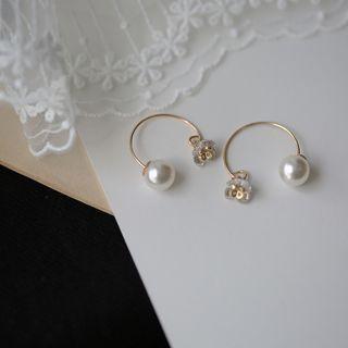 Rhinestone Flower Faux Pearl Open Hoop Earring 1 Pair - As Shown In Figure - One Size