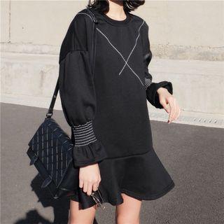 Ruffle Hem Stitch Detailed Long Sleeve Mini Dress