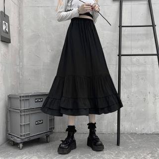Ruffle High-waist A-line Maxi Skirt Black - One Size
