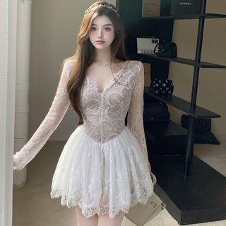 V-neck Lace A-line Mini Dress