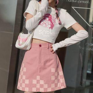 Short-sleeve Cartoon Print T-shirt / Arm Sleeves / Checkered Mini A-line Skirt