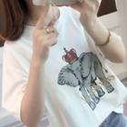 Elbow-sleeve Elephant Print T-shirt