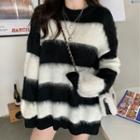 Striped Color Panel Knit Sweater Stripes - Black & White - One Size