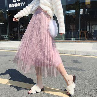 Beaded Mesh Overlay Midi A-line Skirt
