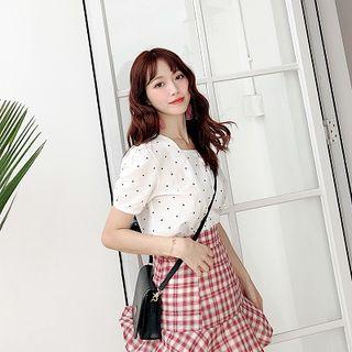 Square-neck Short-sleeve Dotted Blouse