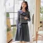 Set: Long-sleeve Collared Midi A-line Dress + Camisole Top