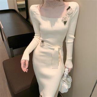 Flower Accent Tie-waist Midi Bodycon Knit Dress White - One Size