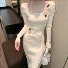 Flower Accent Tie-waist Midi Bodycon Knit Dress White - One Size