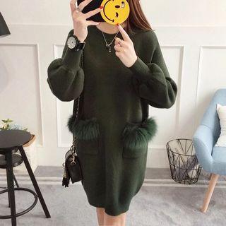 Faux Fur Trim Dual Pocket Knit Dress