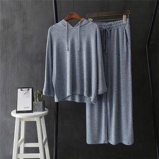 Set: Plain Hooded Sweater + Wide Leg Knit Pants