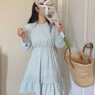 Long-sleeve Floral Dress Floral - Green & Blue - One Size