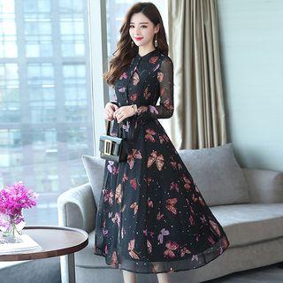 Long-sleeve Butterfly Print Midi Chiffon Dress