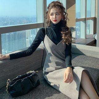 Set: Long-sleeve Turtleneck Top + Spaghetti Strap Knit Midi A-line Dress