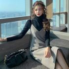 Set: Long-sleeve Turtleneck Top + Spaghetti Strap Knit Midi A-line Dress
