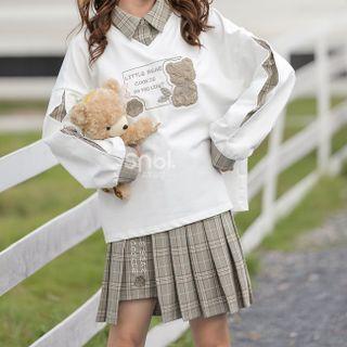 Mock Two-piece Sweatshirt / Plaid Pleated Skirt