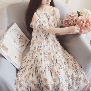 Floral Print Cut Out Shoulder Short Sleeve Midi Chiffon Dress
