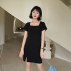 Square-neck Slit Mini A-line Dress Black - One Size