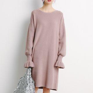 Ruffle-sleeve Round-neck Knit Long-sleeve Dress