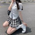 Short-sleeve Logo Shirt + Plaid Pleated Mini Skirt