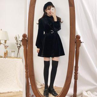 Belted Waist Mock Neck Pleuche Dress Black - One Size