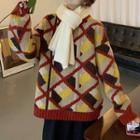 Patterned Sweater Argyle - Red - One Size