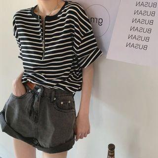 Short-sleeve Half-zip Striped T-shirt Stripes - Black & White - One Size