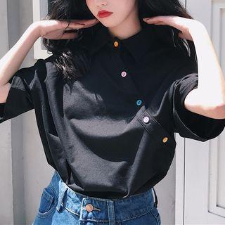 Polo-neck Elbow-sleeve T-shirt