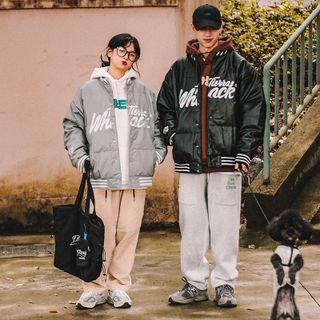 Lettering Embroidered Padded Zip Baseball Jacket