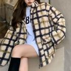 Check Fluffy Zip Jacket Plaid - Dark Gray & Yellow & Off-white - One Size