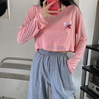 Applique Cropped Halter Top / Long-sleeve Bow Detail Cropped T-shirt