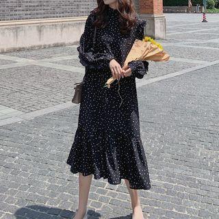 Long-sleeve Ruffled Dotted Midi Mermaid Dress