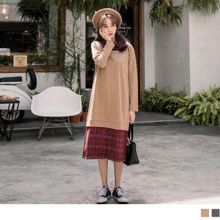 Plaid Mock Two Piece Midi Shirt Dress