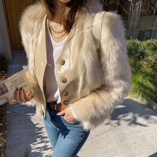 Pleather-panel Eco-fur Jacket Beige - One Size