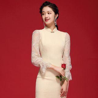 Long-sleeve Lace Panel Knit Midi Sheath Dress