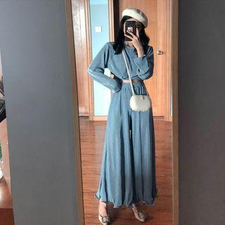 Set Of 2: Cropped Tie-waist Long-sleeve T-shirt + Wide-leg Pants