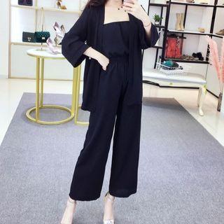 Set: Wide-leg Tube Jumpsuit + Jacket Set - Black - One Size