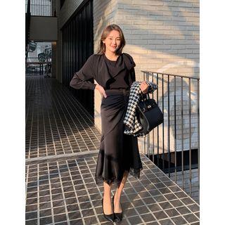 Lace-trim Shirred Long Mermaid Skirt
