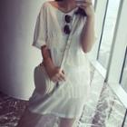 Elbow-sleeve Mesh Paneled Slit Midi Dress