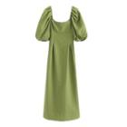 Square-neck Puff Sleeve Midi A-line Dress