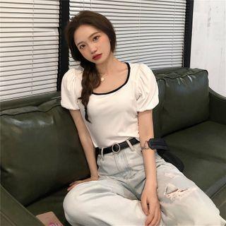 Colour-block Puff-sleeved Top