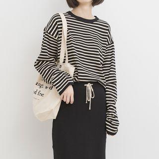Set: Striped Long-sleeve Knit Top + Drawstring Midi Knit Straight-fit Skirt Set - Top - Stripe - Black & White - One Size / Midi Skirt - Black - One Size