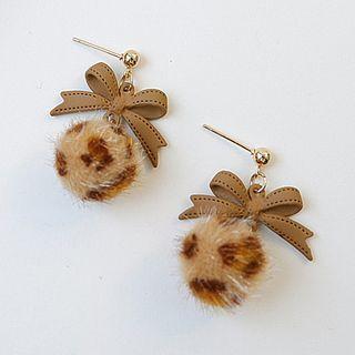 Bow Leopard Print Pom Pom Dangle Earring 1 Pair - Silver Stud - Khaki - One Size