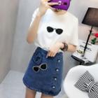 Set: Rhinestone Sunglasses Short-sleeve T-shirt + Denim Skirt